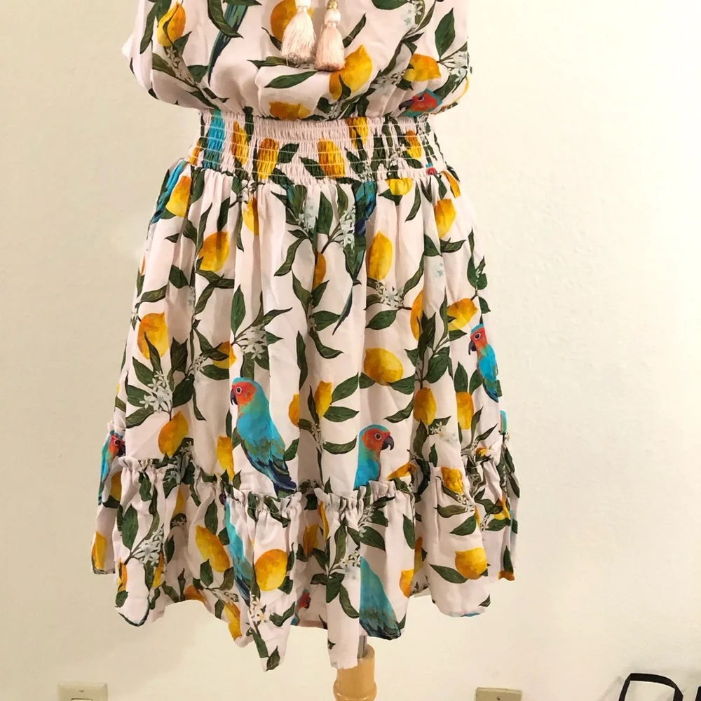 Nicoblu Halter Dress with Tropical Parrot Lemon Print Size Small - Picture 3 of 7